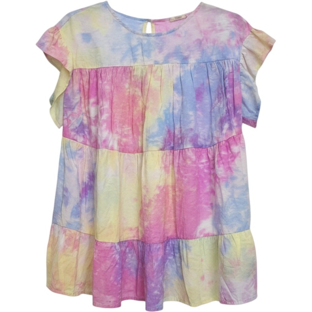 Oddi Pastel Tie Dye Tiered Babydoll Blouse Short Flutter Sleeve Top SM